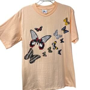Vintage Harlequin Butterfly Graphic T-Shirt Salmon Large Single Stitch USA